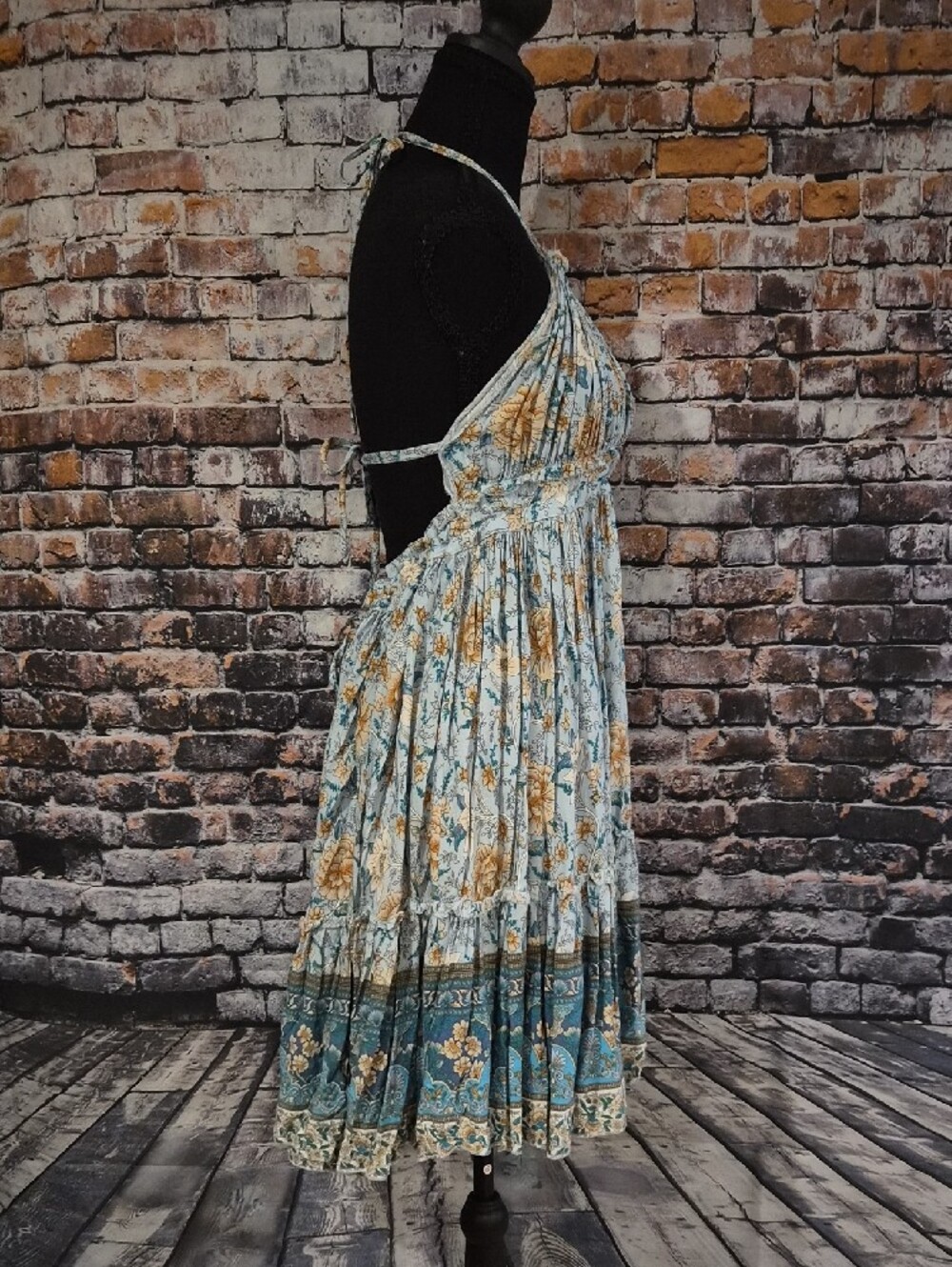 Floral Halter Sun Dress in Light Blue and Mustard - Picture 4 of 5